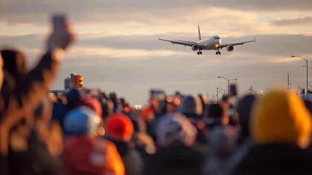 People watch in awe as an airplane approaches for landing against a beautiful sunset backdrop