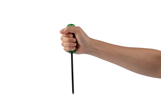 Green screwdriver in hand on transparent background