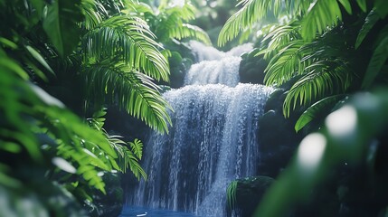A cascading waterfall surrounded by lush, tropical plants and vibrant green leaves