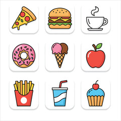 Flat lay illustration of various fast food icons including pizza, burger, and dessert items on a clean white background.