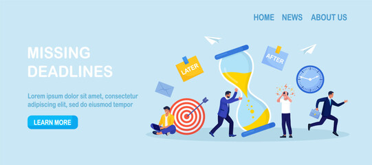 Procrastination and deadlines visualized. People struggle around giant hourglass beside calendar and reminders. Great for time management materials, productivity training and scheduling messages
