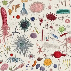 Seamless vintage retro viruses, bacteria, and microbes microorganisms of different type illustration color diversity.