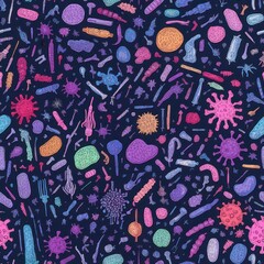 Seamless vintage retro viruses, bacteria, and microbes microorganisms of different type illustration color diversity.