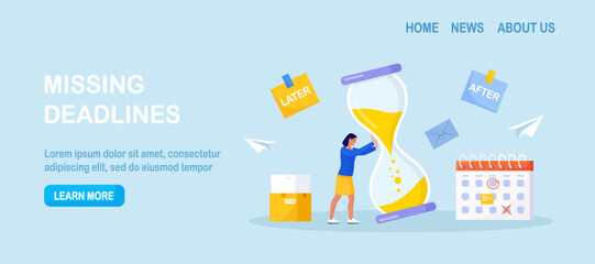 Procrastination and deadlines visualized. Woman pushes giant hourglass beside calendar and reminders. Time management. Businessman planning schedule. Business productivity