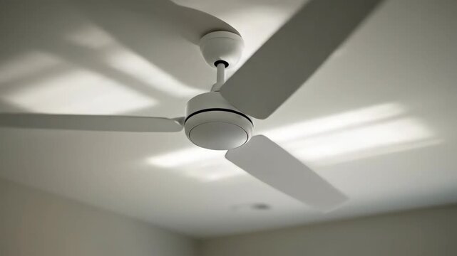 White ceiling fan spinning from a low angle view. Modern ventilator blades rotating to circulate air. Home appliance for cooling a room