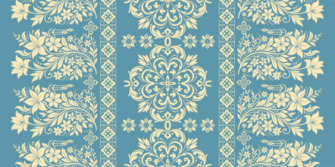 floral pattern vintage ethnic modern embroidery texture boho design vector illustration hand drawn pink flower motif branches leaves wallpaper seamless background border.	