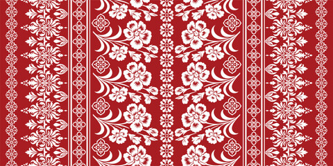 floral pattern vintage ethnic modern embroidery texture boho design vector illustration hand drawn pink flower motif branches leaves wallpaper seamless background border.	