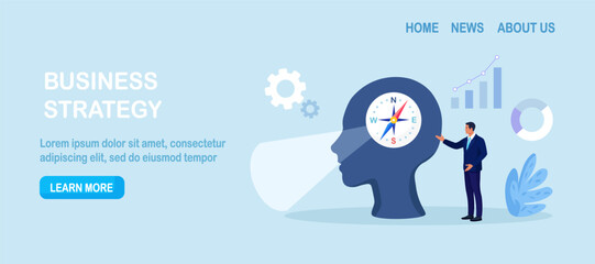 Businessman using compass for navigation and orientation in business. Person finding investment opportunity. Leadership. Make decision for business direction. Planning future goals. Career vision