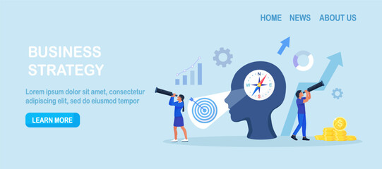 Businessman using compass for navigation and orientation in business. People with binocular finding investment opportunity. Leadership or visionary. Make decision for business direction