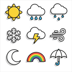 A set of nine weather icons on a white background, featuring sun, clouds, rain, snow, lightning, wind, moon, rainbow, and umbrella, in a flat, colorful, and simple graphic style.