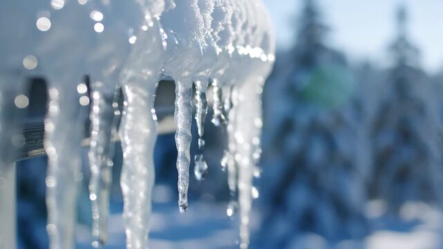 Close-up of icicles melting and dripping in the bright winter sun. Frozen water thawing as spring approaches in a snowy landscape. Macro footage of nature