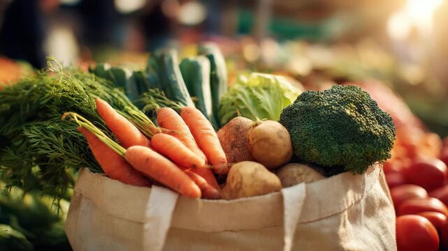 Colorful vegetables fill a woven bag at an open-air market as the sun sets on a vibrant day - Powered by Adobe