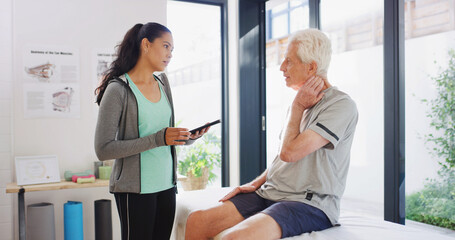 Fitness, neck pain or tablet with old man and physiotherapist in rehabilitation office. App, consulting or symptoms with practitioner and senior patient in healthcare clinic for recovery or therapy