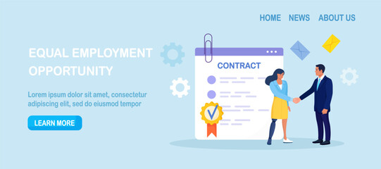 Disabled woman with leg prosthesis shaking hands with colleague. Businessman handshake with employee with disability. Employment contract agreement, corporate partnership document with signature