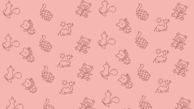 Seamless floral pattern animal background with cute cartoon lion, camel, squirrel and pineapple motifs, perfect for kids' decor and crafting projects