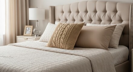 Closeup of a luxurious bed with a tufted headboard and decorative pillows