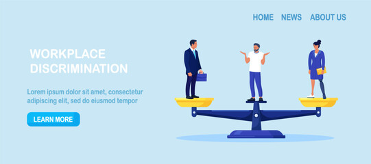 Ableism. Discrimination and social prejudice against people with disabilities. Unequal rights, difficult to integrate into team. Woman with prosthesis on unbalanced scales. Recruitment balance