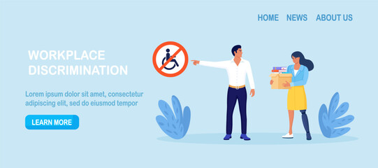 Discrimination against people with disabilities. Woman with prosthesis is fired, employer points at forbidden sign. Sad jobless person, career failure. Unemployed have problems in job seeking