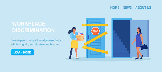 Ableism, discrimination, prejudice against hiring people with disability, unequal rights. Woman with disability cannot move up career ladder. Person with prosthesis has mobility problems