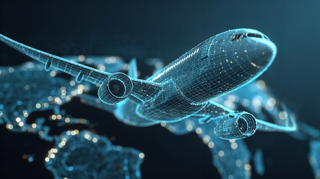 Wireframe airplane soars above digital world map with glowing city lights