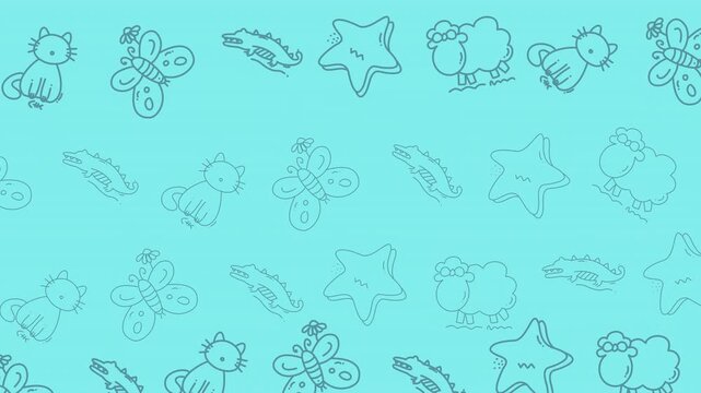 Turquoise floral pattern animal background design featuring cute cat butterfly starfish sheep for decorative and artistic purposes