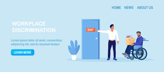 Discrimination against disabled people. Man in wheelchair is fired, employer points at door. Sad jobless person, career failure. Unemployed have problems in job seeking. Inclusion