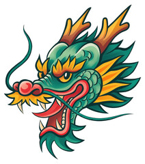 Colorful dragon head illustration isolated on transparent background.