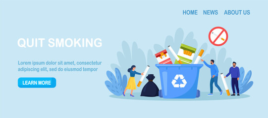 Quit smoking. Smokers quitting smoke tobacco, rejecting from unhealthy bad habit. People throw away cigarette packaging in trash can to avoid nicotine addiction