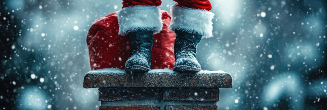 Photo shows Santa Claus standing with his feet on a chimney pipe and going down into the chimney with a red sack behind him, winter background, falling snow - Powered by Adobe