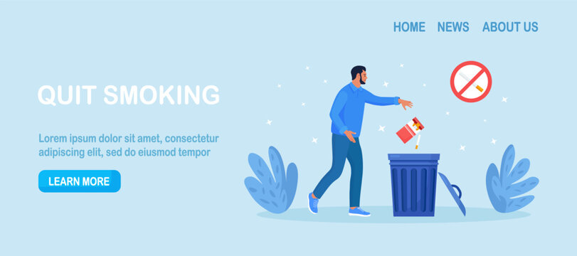 Quit smoking concept. Man throws away packaging in trash can. Stop nicotine addiction. Smokers quitting smoke cigarettes, refusing from tobacco, rejecting from unhealthy bad habit
