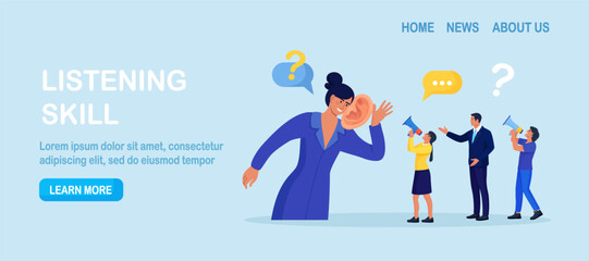 Businessman with big ear to hear people. Leader hearing voice of employees on meeting. Skill of boss to listen to advice, suggestions and opinions. Manager talking with customers, client feedback