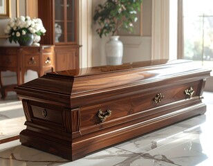 Gleaming polished wooden casket set in a well-lit ornate room