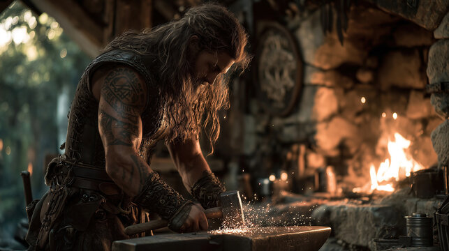Viking blacksmith forging weapons in a rustic workshop, immersed in an epic fantasy world at sunset