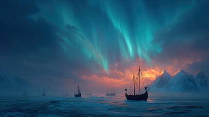 Viking ships sail under the mesmerizing northern lights in an epic fantasy landscape filled with adventure and mystery