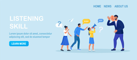 Businessman with big ear to hear people. Leader hearing voice of employees on meeting. Skill of boss to listen to advice, suggestions and opinions. Manager talking with customers, client feedback