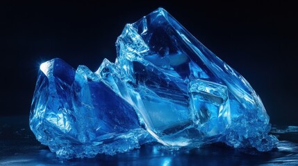 A shard of blue glass, sharp edges, illuminated to show color depth