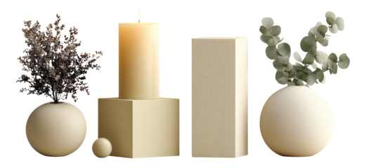 Elegant Minimalist Arrangement of Candles and Decorative Objects in Neutral Tones