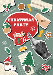 Christmas collage poster with Christmas objects and human hand pointing to the text. Christmas trendy background.