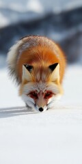Fototapeta premium A Captivating Red Fox with a Bushy Tail Exploring the Fresh, Fluffy Snow in Winter Wonderland
