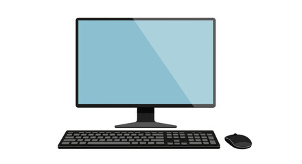 Modern Flat Design Desktop Computer Setup with Empty Blue Screen Display, Keyboard, and Mouse for Digital Workspace