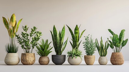 Fototapeta premium A collection of indoor plants like snake plants and fiddle leaf figs, arranged in eco-friendly pots
