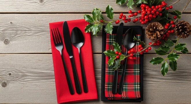 Christmas table setting with black cutlery, red napkin, and festive holly berry garland