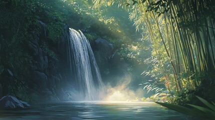 Waterfall emerging from a dense bamboo forest, water creating a fine mist, dappled sunlight, serene atmosphere