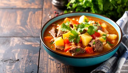 Beef Stew in Bowl on Rustic Table.