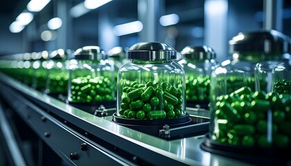 Capsules in jars moving on assembly line.