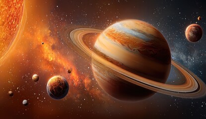 A gas giant with rings and moons orbits a bright star.