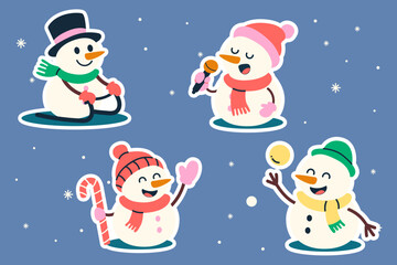 Stickers snowman characters enjoying winter activities