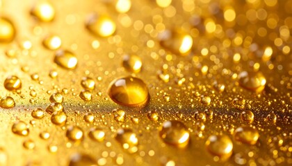 Golden water droplets on reflective surface.