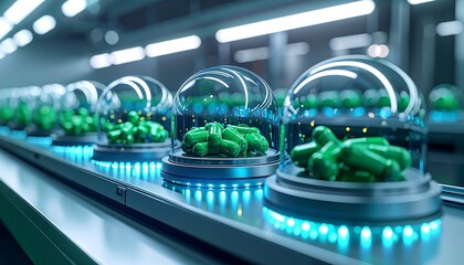 Green pills production line in futuristic factory.