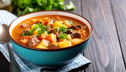 Hearty beef stew in blue bowl on wood.